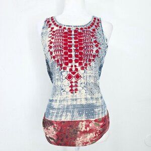 Lucky Brand Red Blue High Low Embroidered Sleeveless Tank Top Womens Size Medium